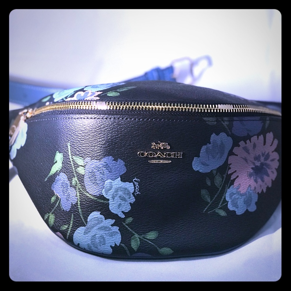 Coach Floral Black Leather Mini Belt Bag with Pastel Flowers